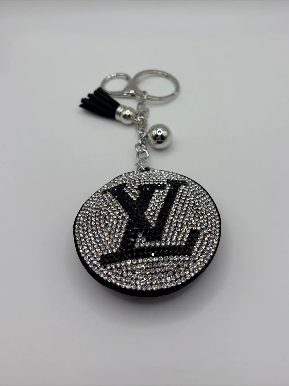 Crystal Monogram Round Keychain with Tassel - Black & Silver